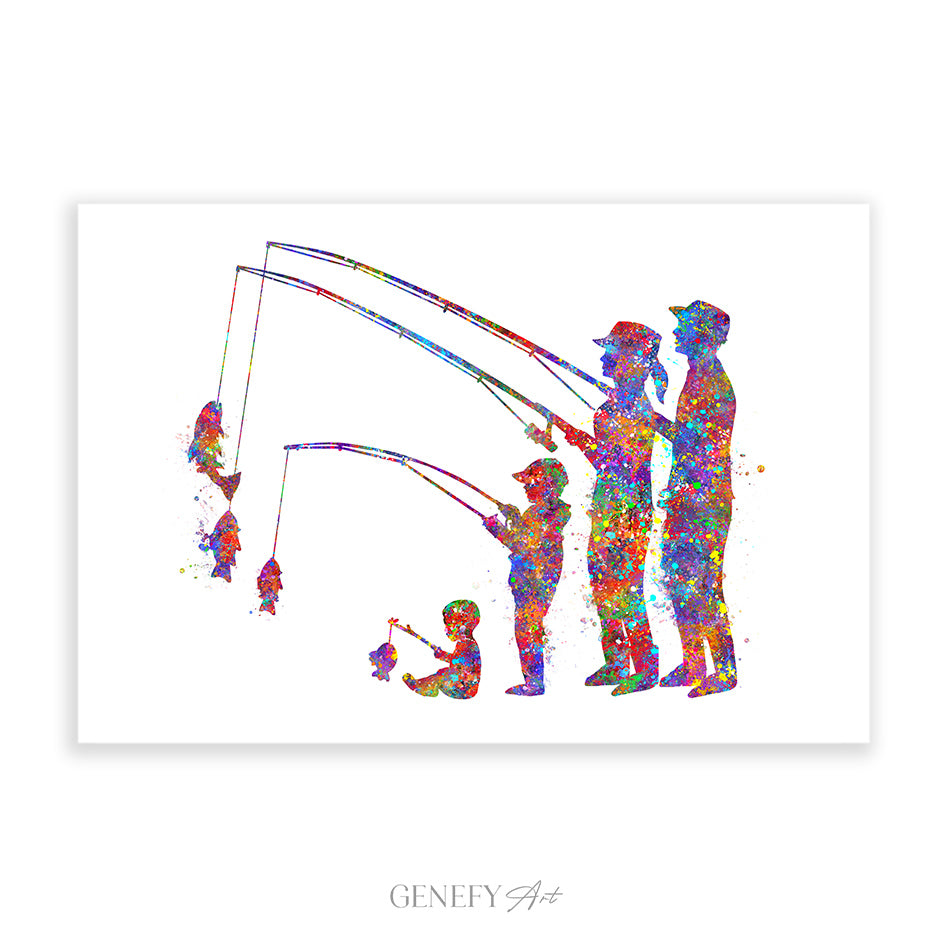 Fishing Family of 4 Watercolour Art Print