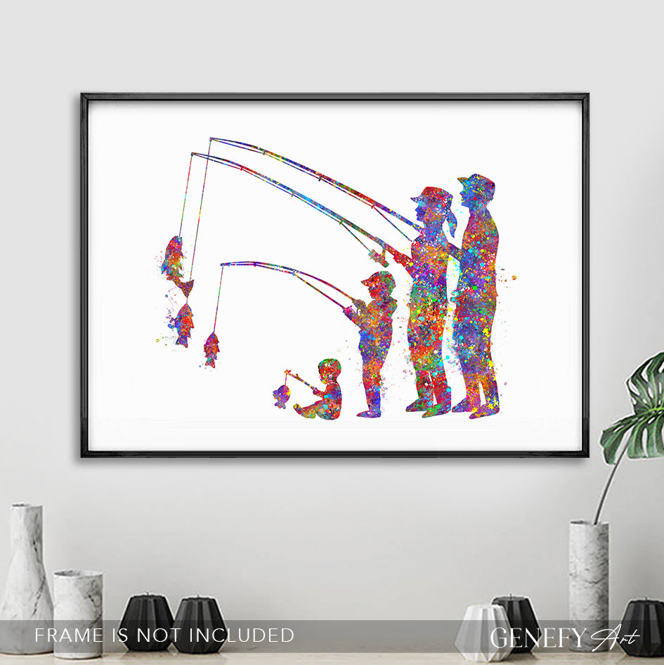 Fishing Family of 4 Watercolour Art Print