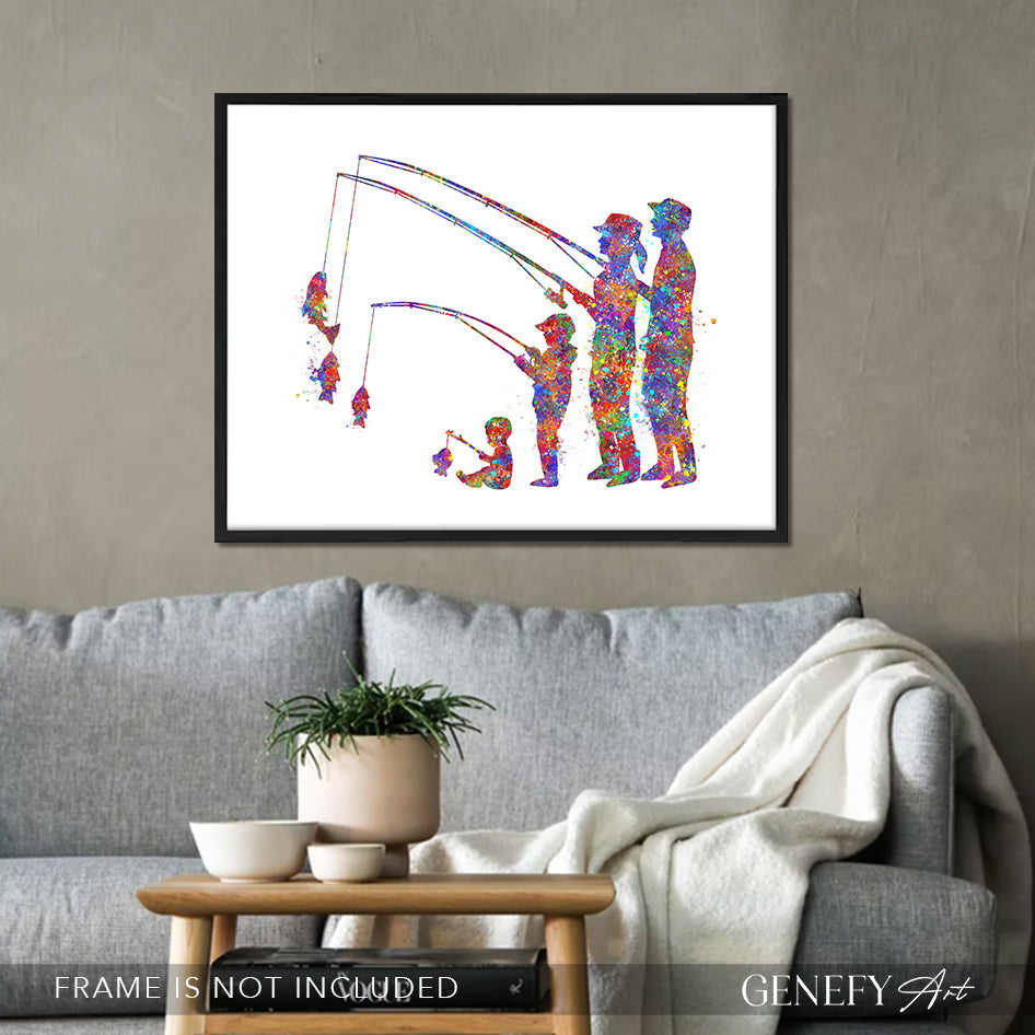 Fishing Family of 4 Watercolour Art Print