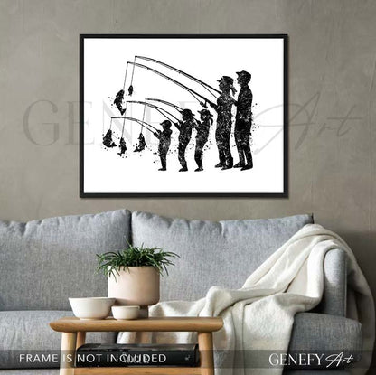 Fishing Family of 5 Black and White Watercolour Print
