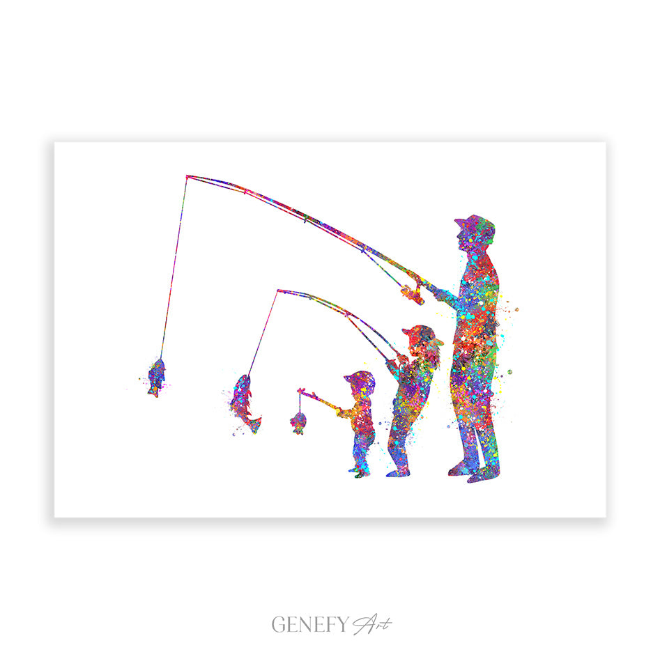 Fishing Family Watercolor Print Mom Dad and Son Fishing Poster