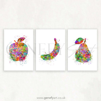 Fruits Kitchen Decor Set of 3 Watercolour Print - Apple Banana Pear Art Prints