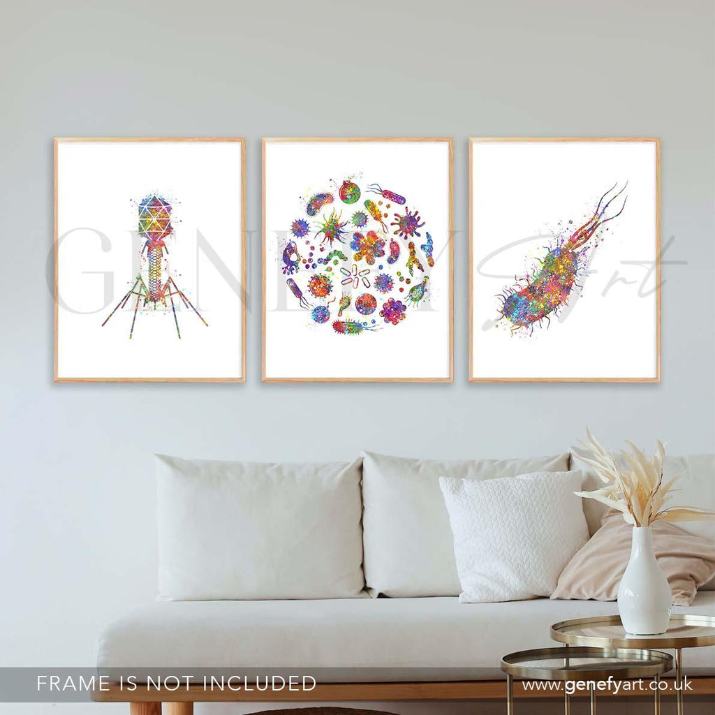 Bacteria Bacteriophage E.Coli Watercolour Art Print - Set of 3 Microbiology Prints - Genefy Art