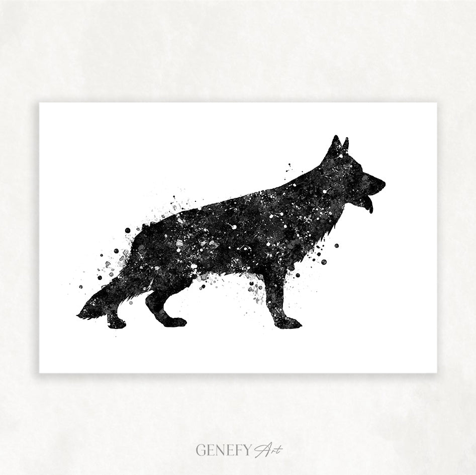 German Shepherd Black and White Watercolour Print
