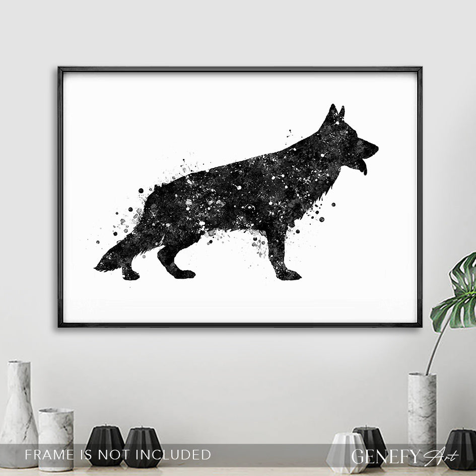German Shepherd Black and White Watercolour Print
