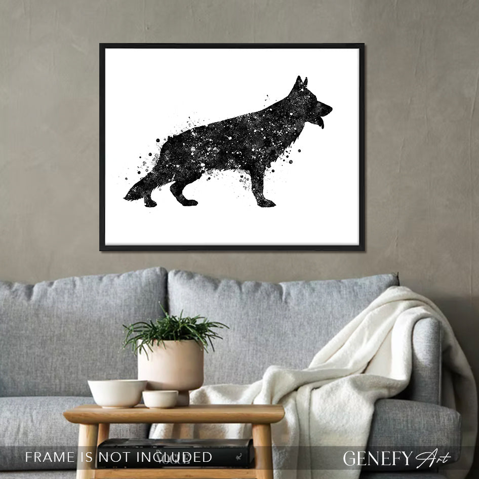 German Shepherd Black and White Watercolour Print