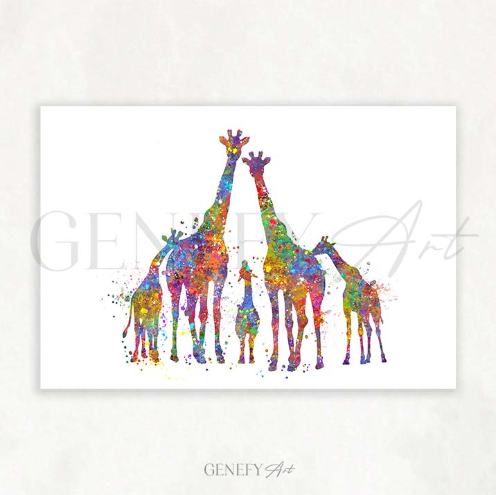 Giraffe Family  of 5 Watercolour Art