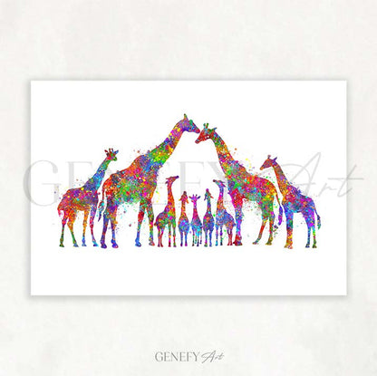 Giraffe Family  of 9 Watercolour Art
