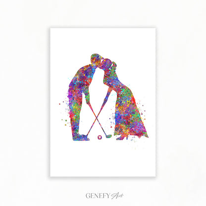 Golf Couple Watercolour Wall Art