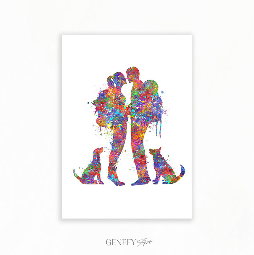 Hiking Couple with Dogs Watercolour Art