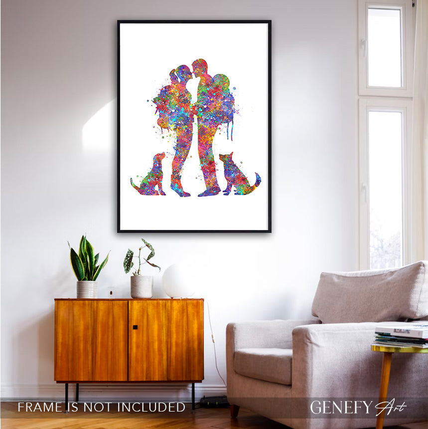 Hiking Couple with Dogs Watercolour Art