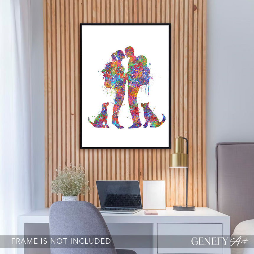 Hiking Couple with Dogs Watercolour Art