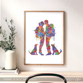 Hiking Couple with Dogs Watercolour Art