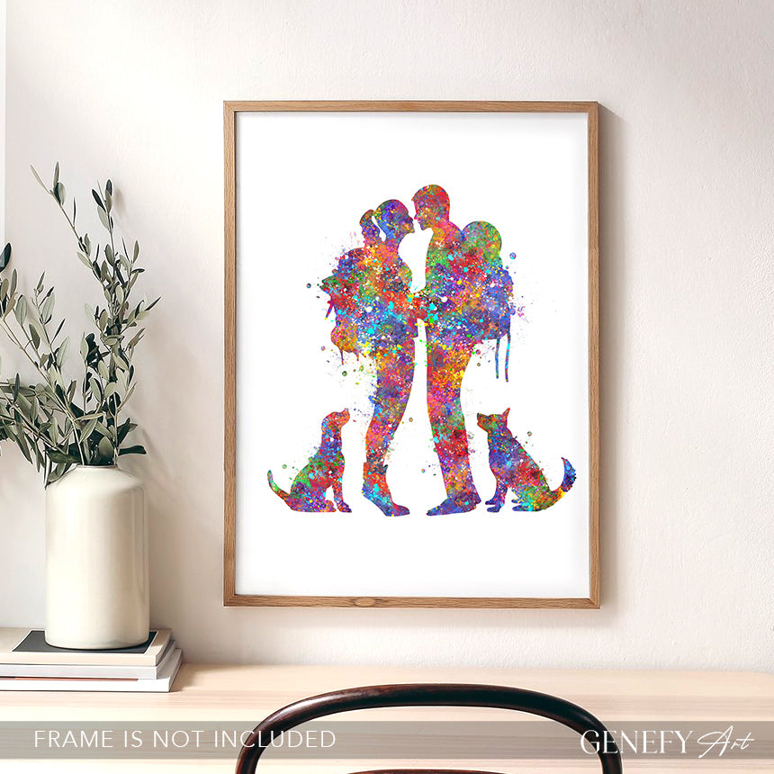 Hiking Couple with Dogs Watercolour Art