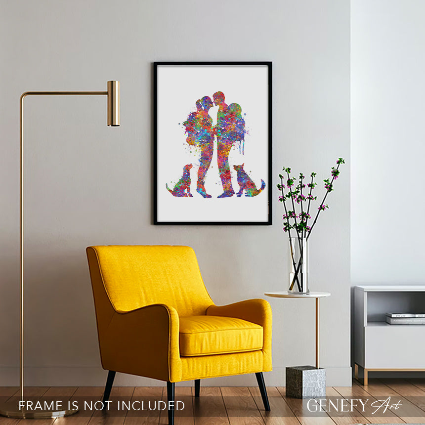 Hiking Couple with Dogs Watercolour Art