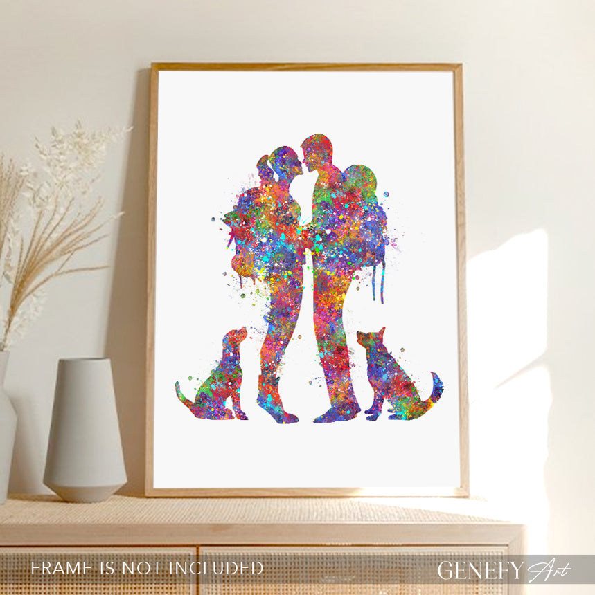 Hiking Couple with Dogs Watercolour Art