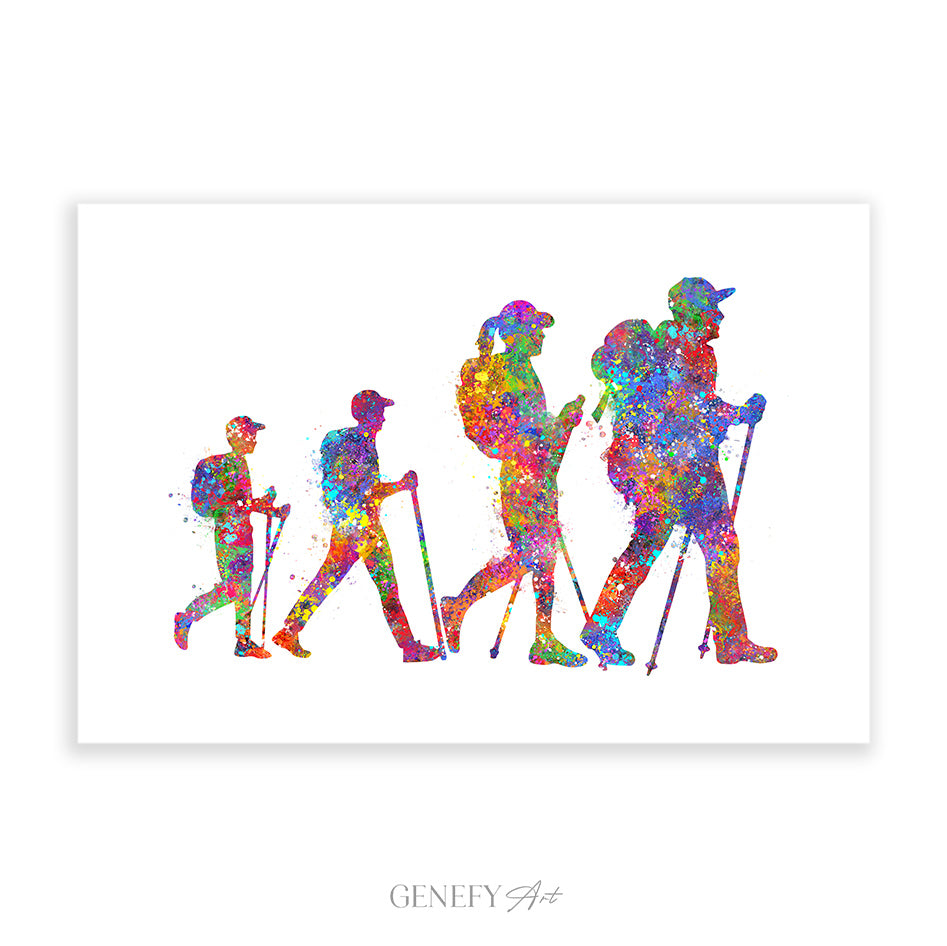 Hiking Family of 4 Watercolour Art (with sons)