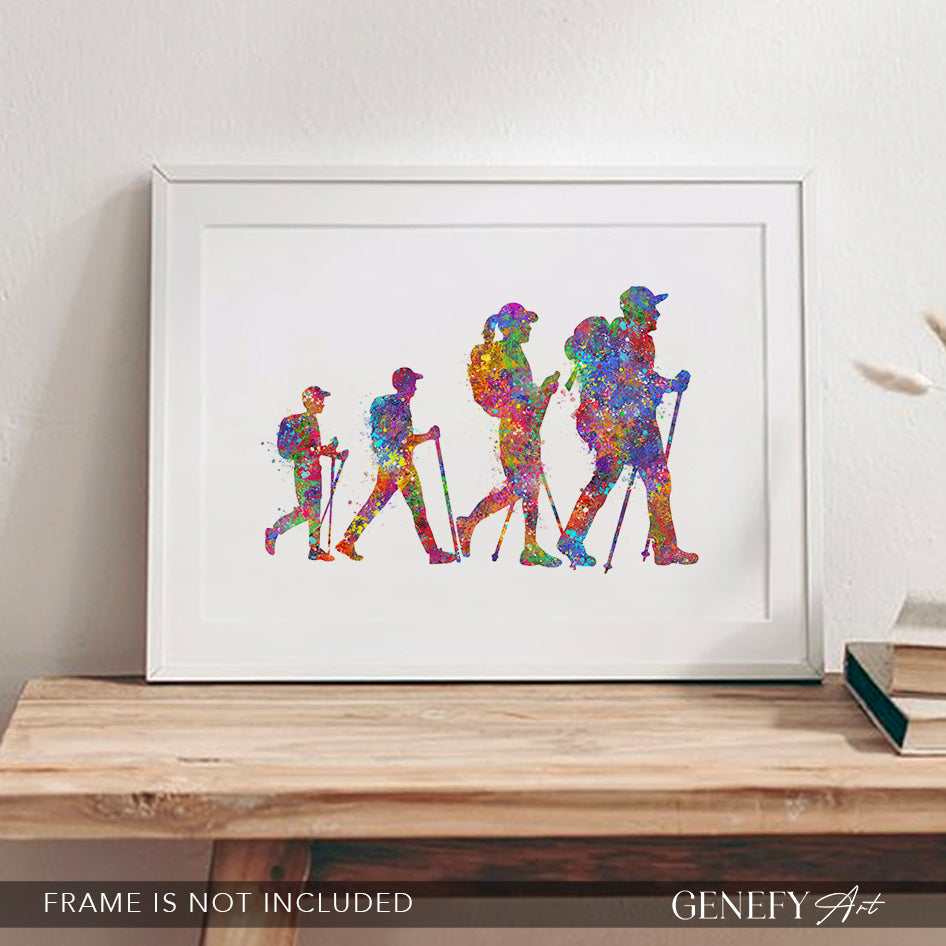 Hiking Family of 4 Watercolour Art (with sons)