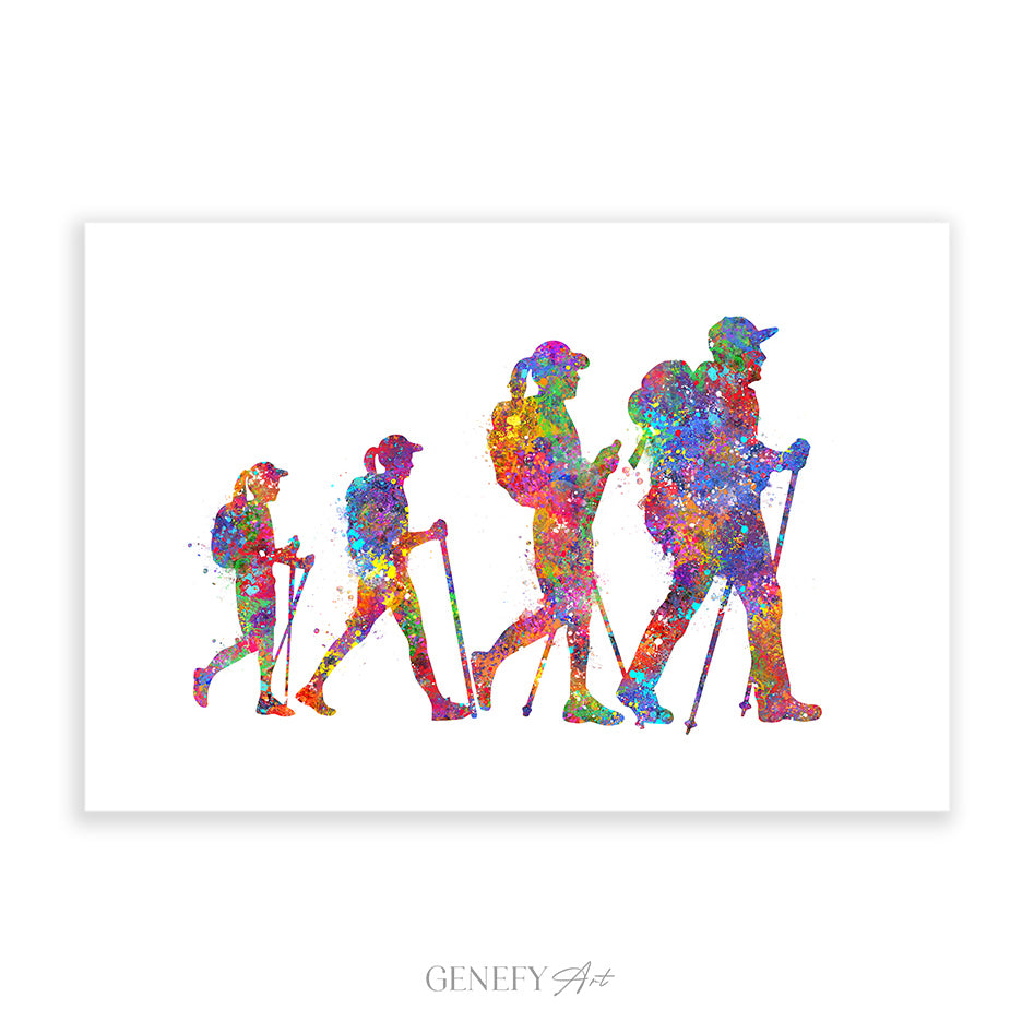 Hiking Family of 4 Watercolour Art (with daughters)