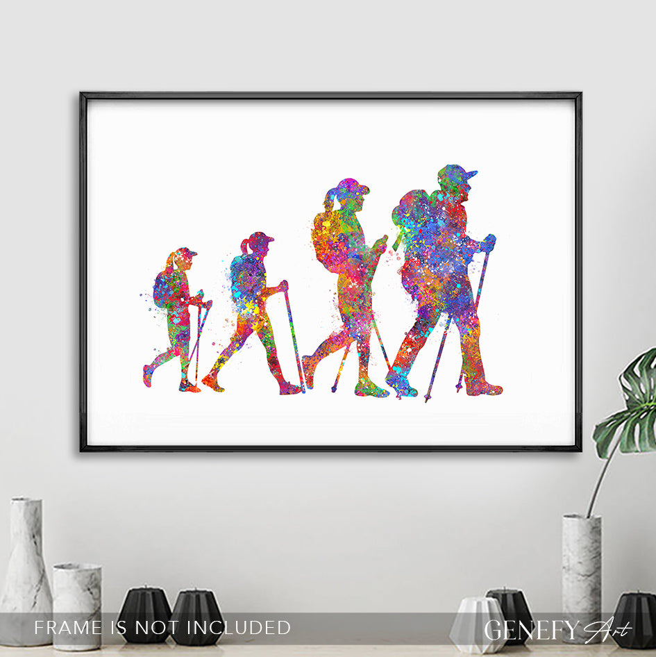 Hiking Family of 4 Watercolour Art (with daughters)