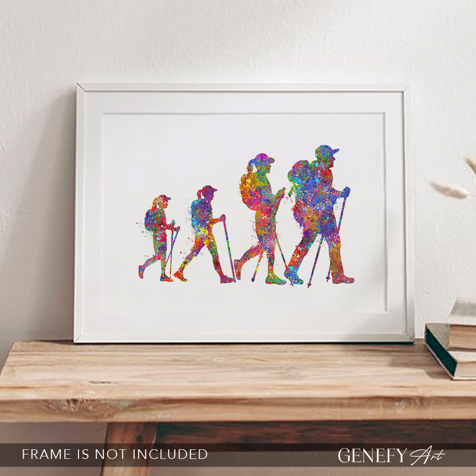 Hiking Family of 4 Watercolour Art (with daughters)