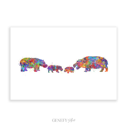 Hippo Family of 4 Watercolour Print