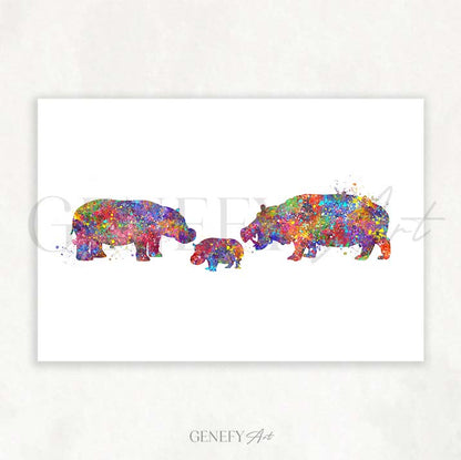 Hippo Family of 3 Watercolour Print