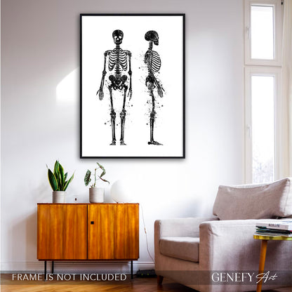 Human Skeletal System Anatomy Black and White Watercolour Print