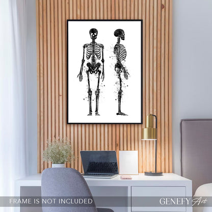 Human Skeletal System Anatomy Black and White Watercolour Print