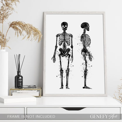 Human Skeletal System Anatomy Black and White Watercolour Print