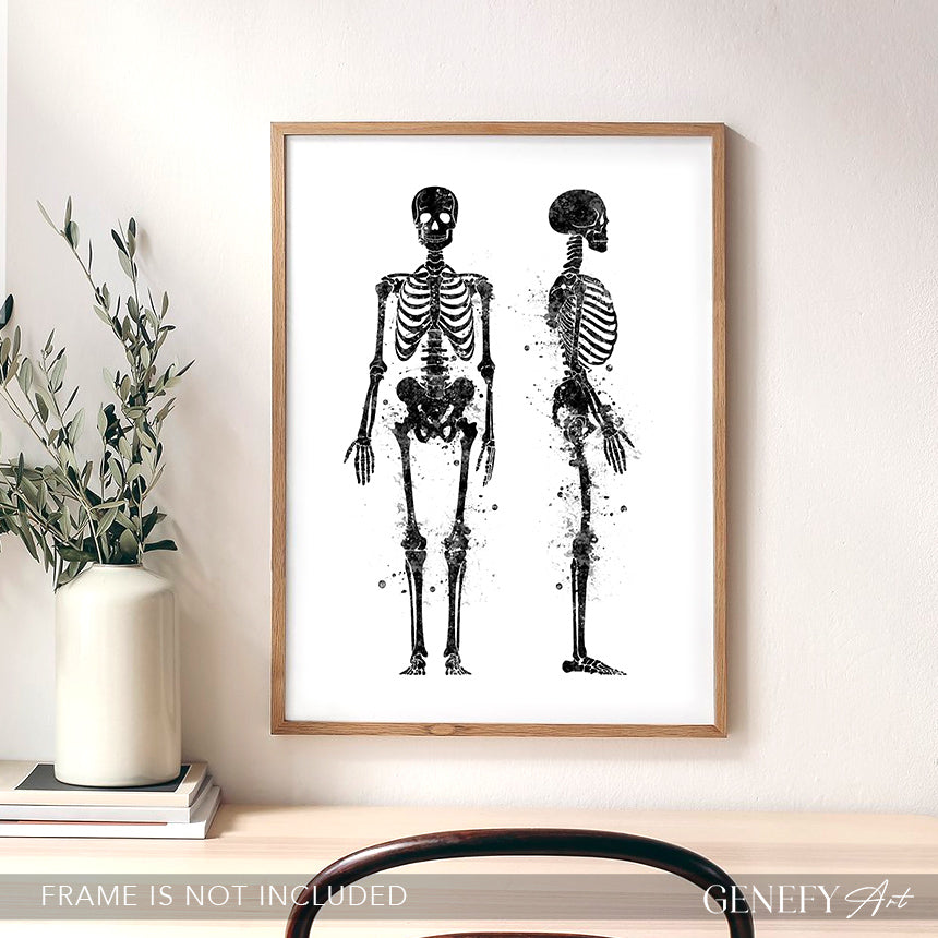 Human Skeletal System Anatomy Black and White Watercolour Print