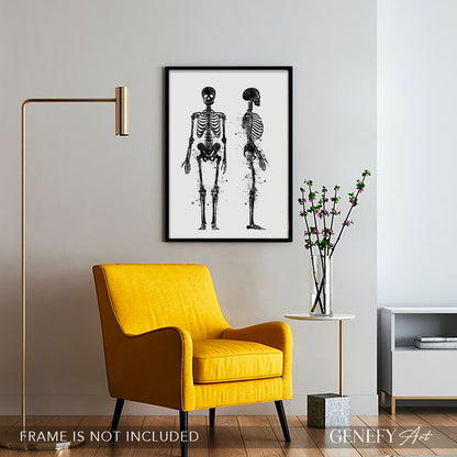 Human Skeletal System Anatomy Black and White Watercolour Print
