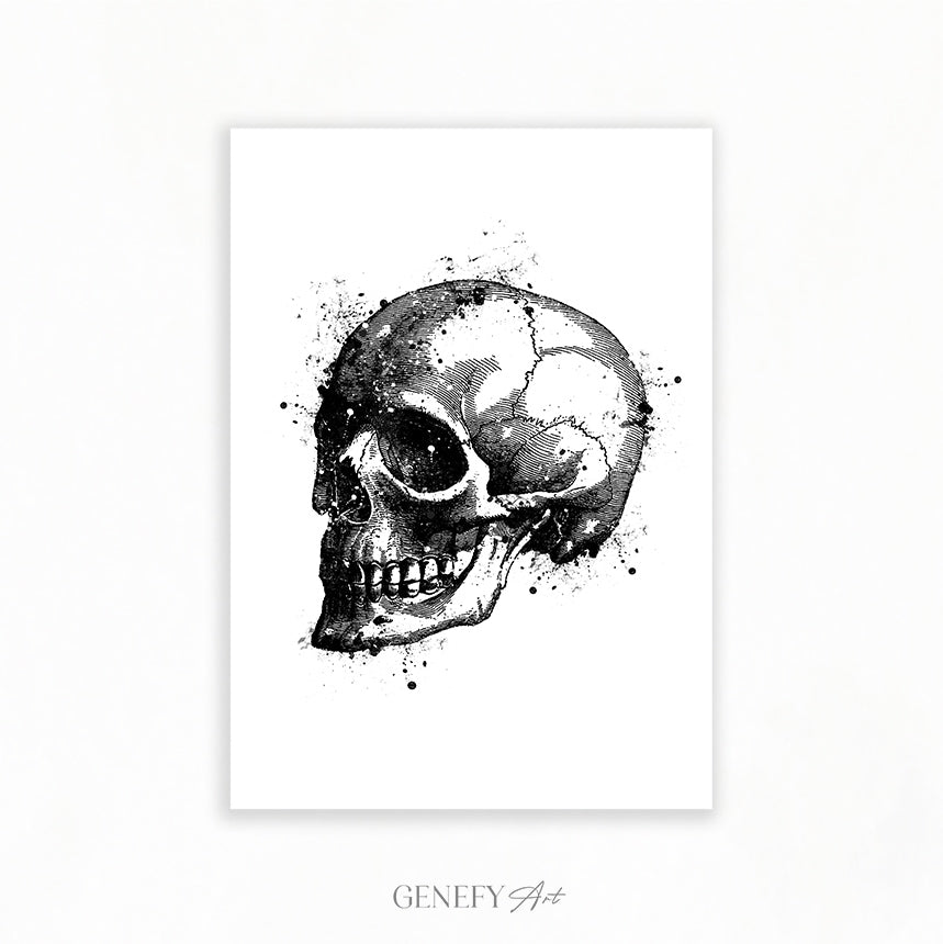 Skull Black and White Watercolour Art Print