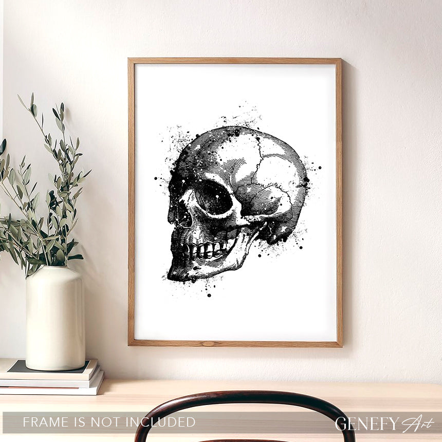 Skull Black and White Watercolour Art Print