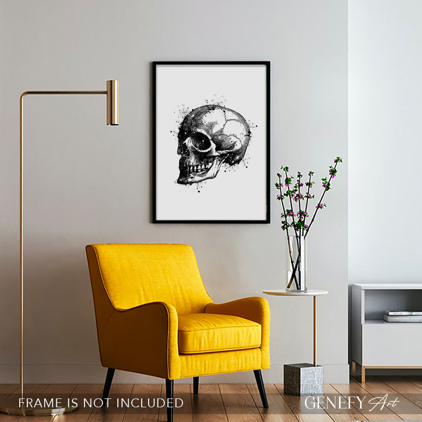Skull Black and White Watercolour Art Print