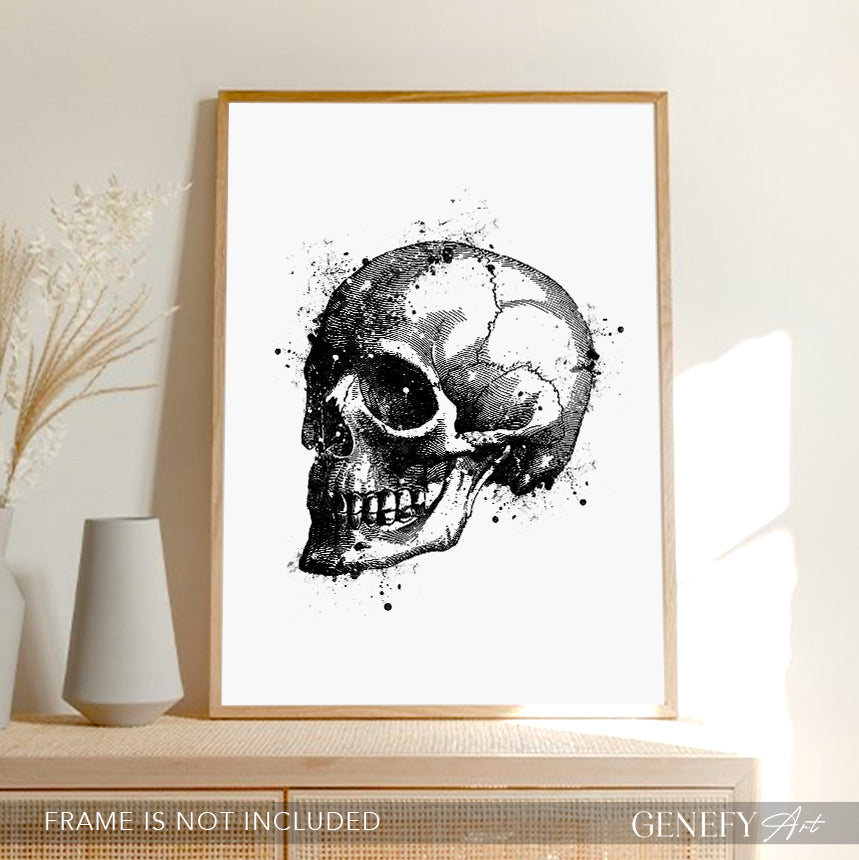 Skull Black and White Watercolour Art Print