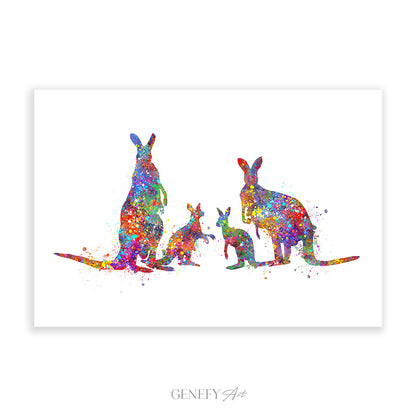 Kangaroo Family of 4 Watercolour Art Print