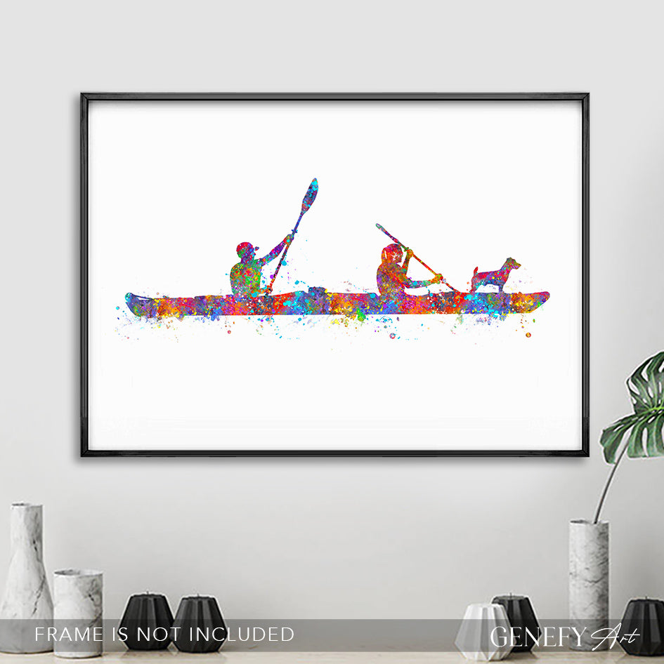 Couple Kayaking with Pet Dog Art Print