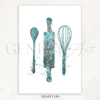 Baking Utensils Watercolour Kitchen Print - Genefy Art
