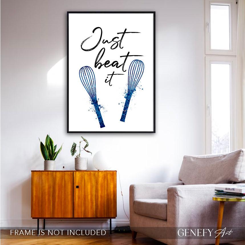 Baking Quote Blue Watercolour Print - Just Beat It - Genefy Art