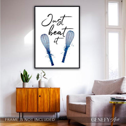 Baking Quote Blue Watercolour Print - Just Beat It - Genefy Art