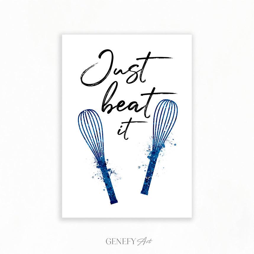 Baking Quote Blue Watercolour Print - Just Beat It - Genefy Art