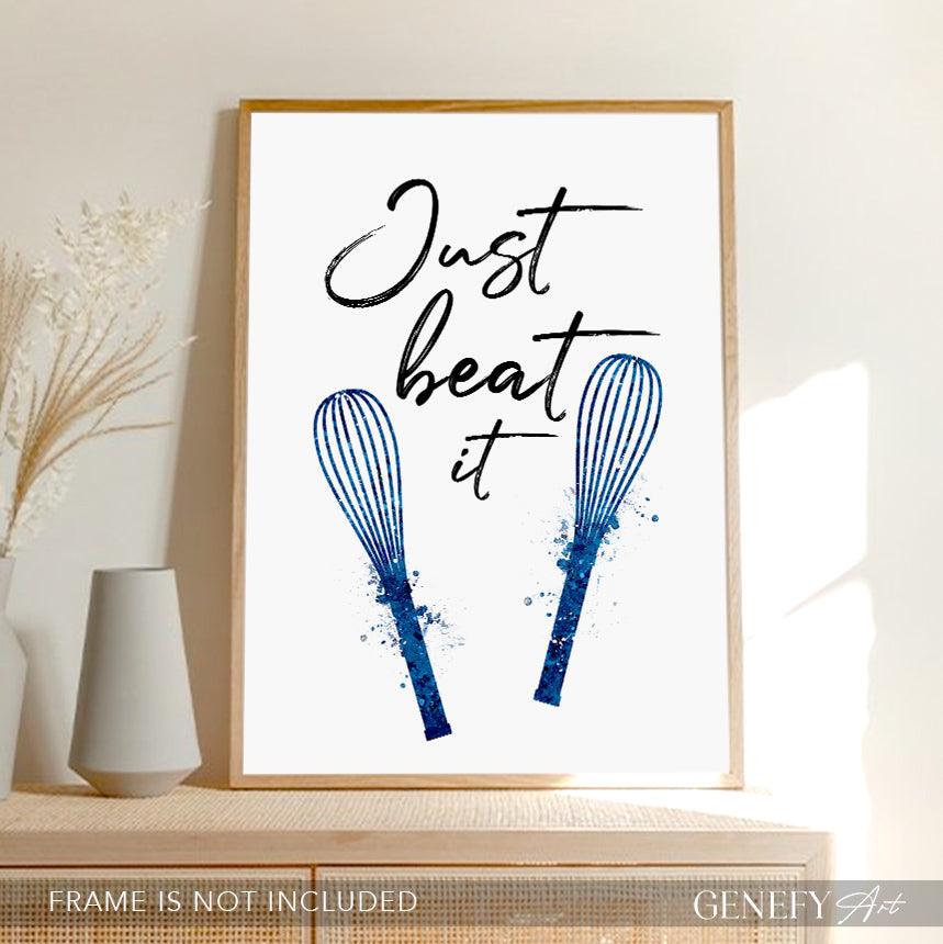 Baking Quote Blue Watercolour Print - Just Beat It - Genefy Art