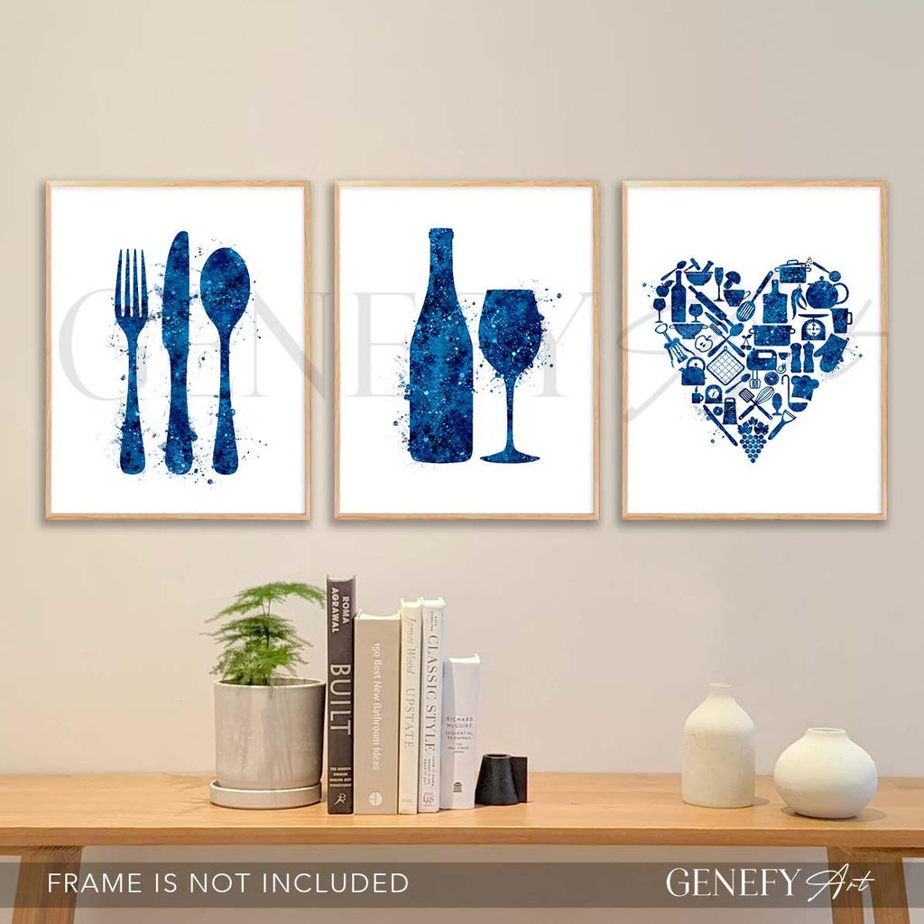 Blue Kitchen Watercolour Art - Set of 3 - Genefy Art