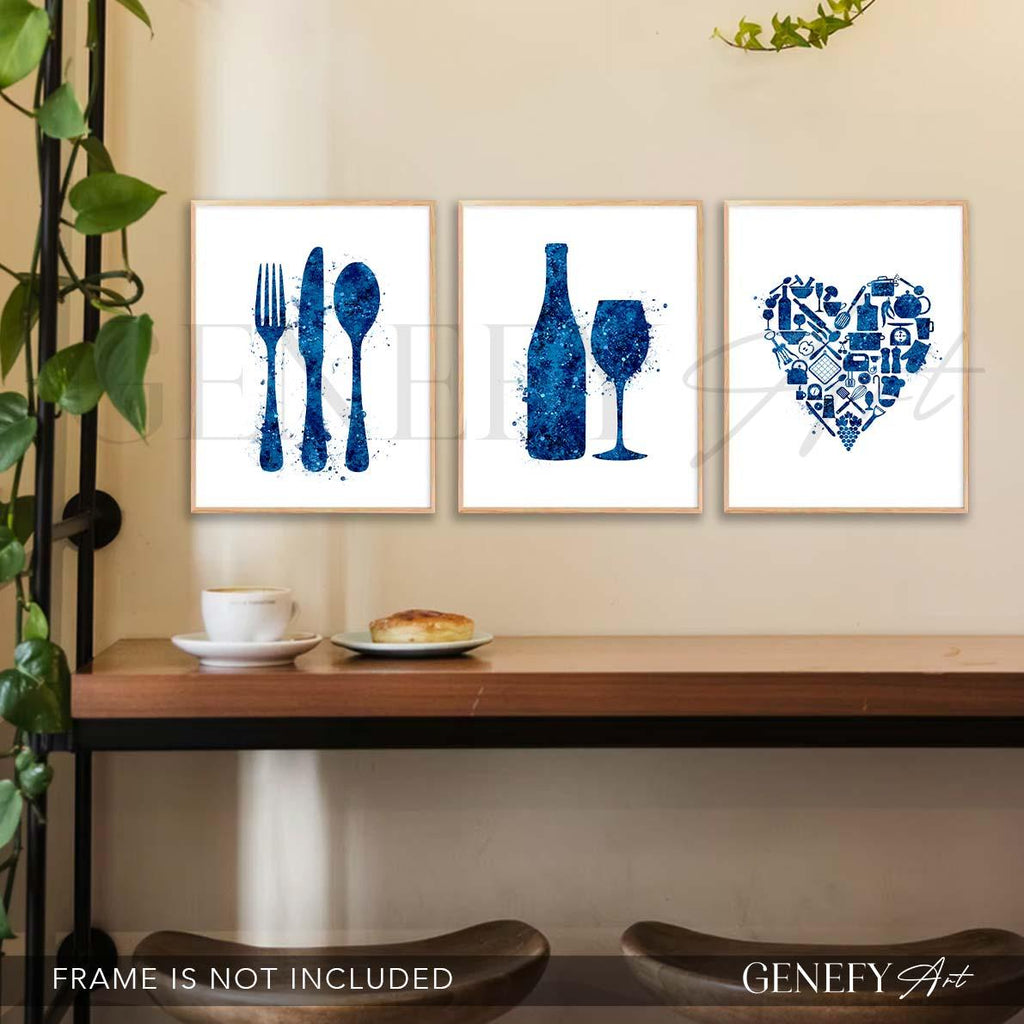 Blue Kitchen Watercolour Art - Set of 3 - Genefy Art