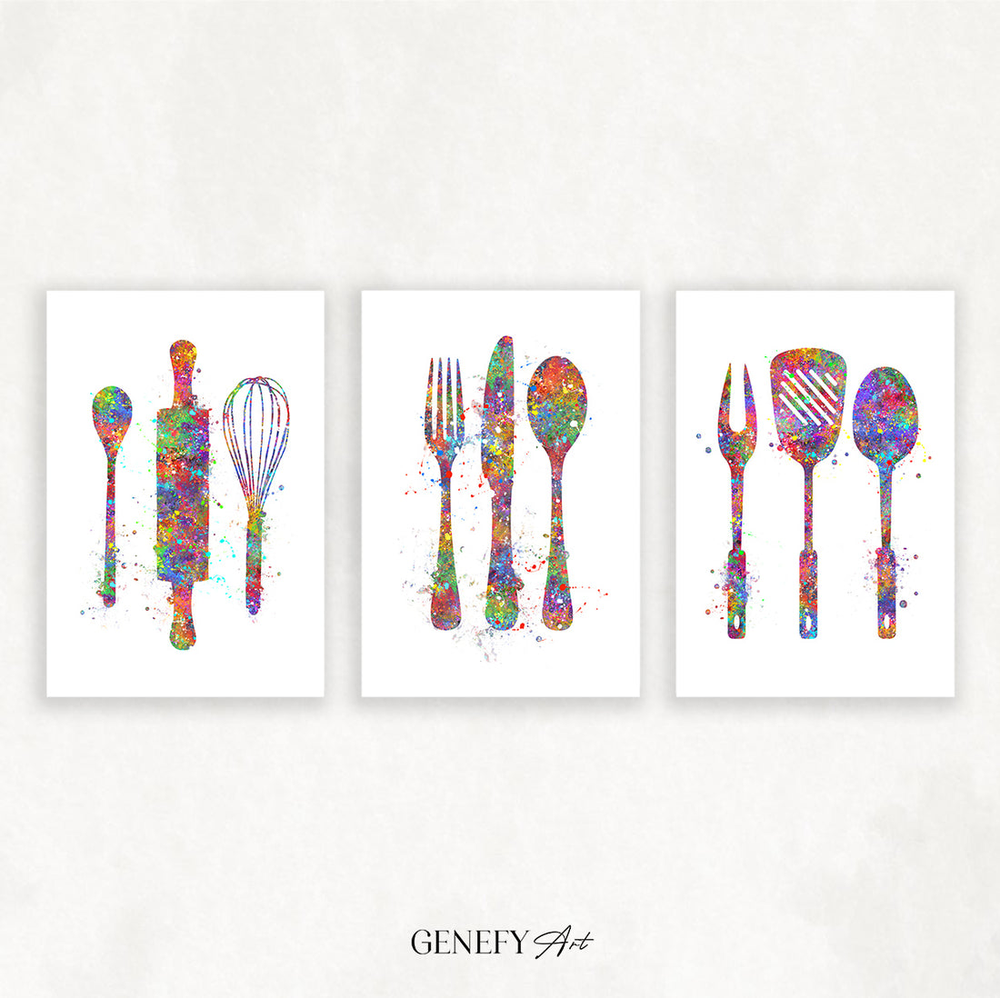 Colourful Kitchen Utensils Art - Set of 3