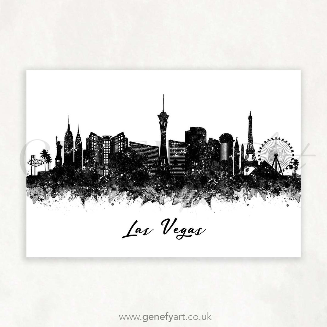 Las Vegas Skyline Black and White Watercolour Print - Genefy Art