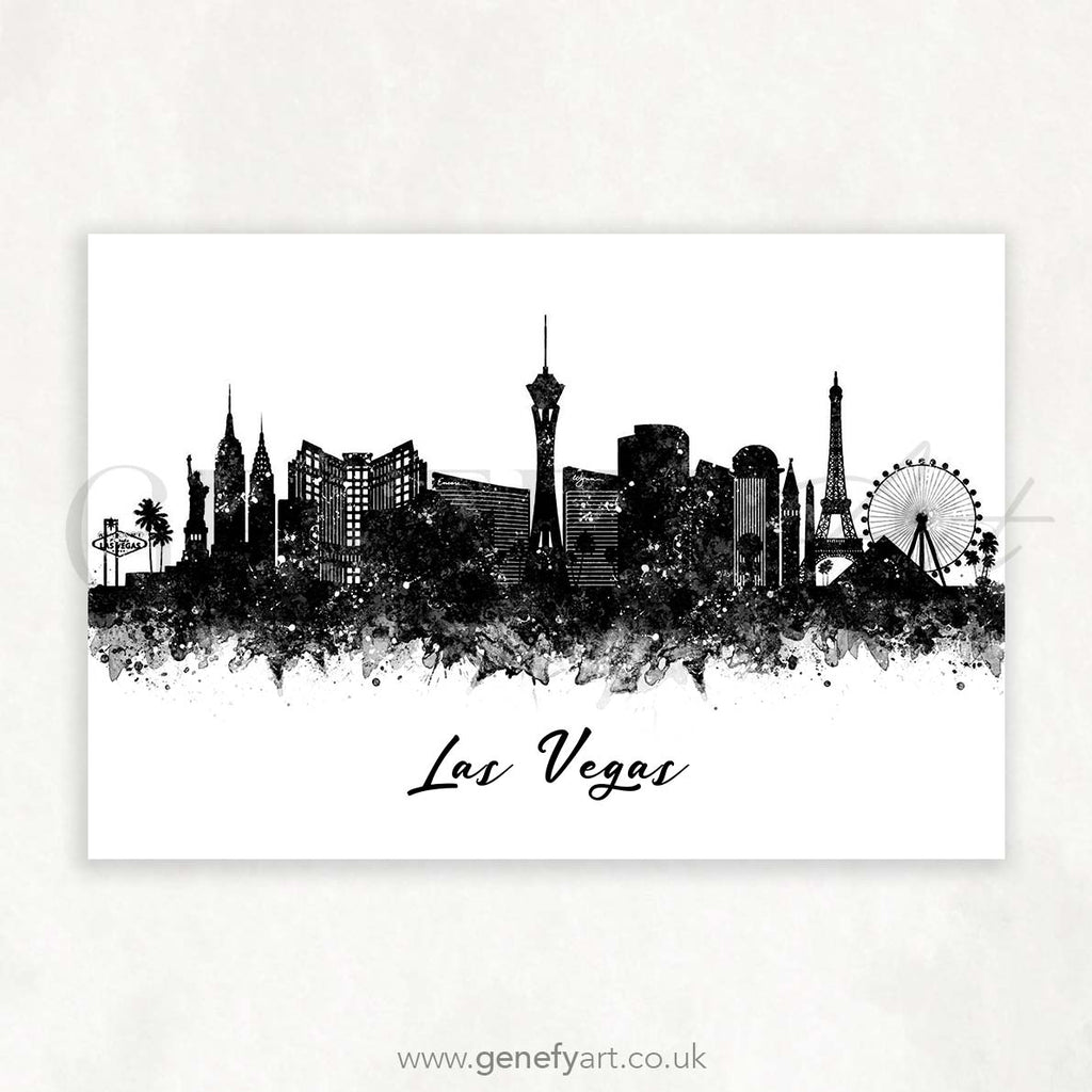 Las Vegas Skyline Black and White Watercolour Print - Genefy Art