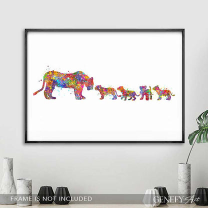 Lioness and Cubs Watercolour Wall Art