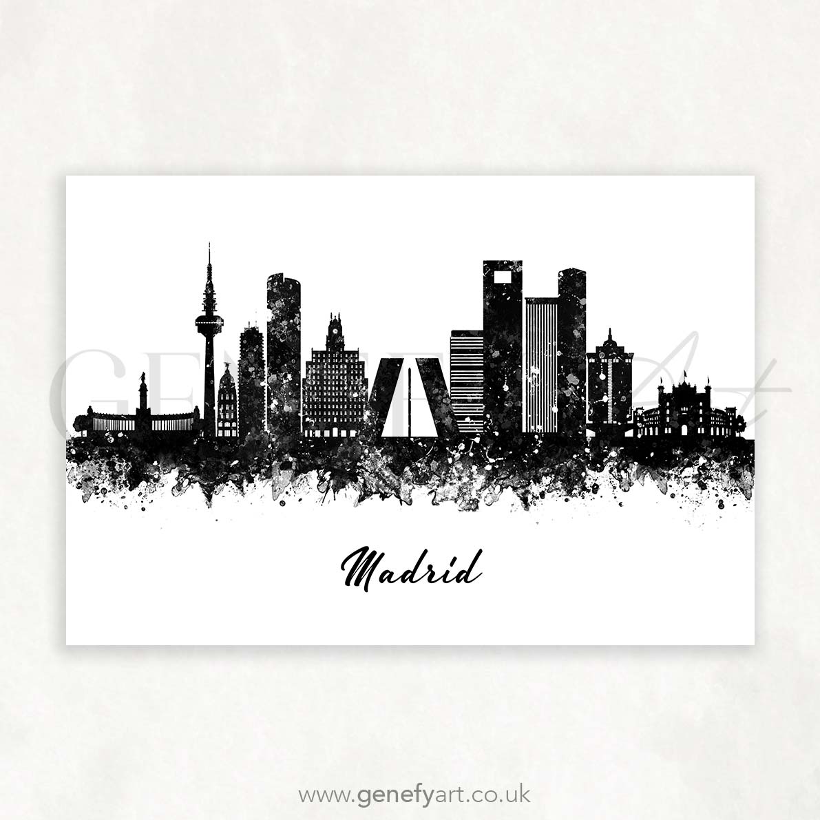 Madrid Skyline Black and White Watercolour Print - Genefy Art